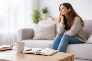 Mujer pensativa en un salón luminoso, simbolizando la inmediatez digital y el impacto en el deseo y la atención