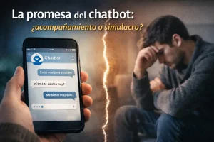 Persona en soledad frente a un móvil con chatbot, imagen sobre acompañamiento emocional y límites de la IA
