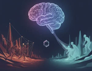 Ilustracion conceptual de un cerebro artificial flotando sobre figuras humanas divididas en dos zonas una de color calido con redes de contencion y otra de color frio con efectos de desvanecimiento